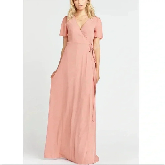 Show Me Your Mumu Pale Pink Chiffon Wrap Maxi Dress Short Sleeve Bridesmaid XS - Picture 1 of 10